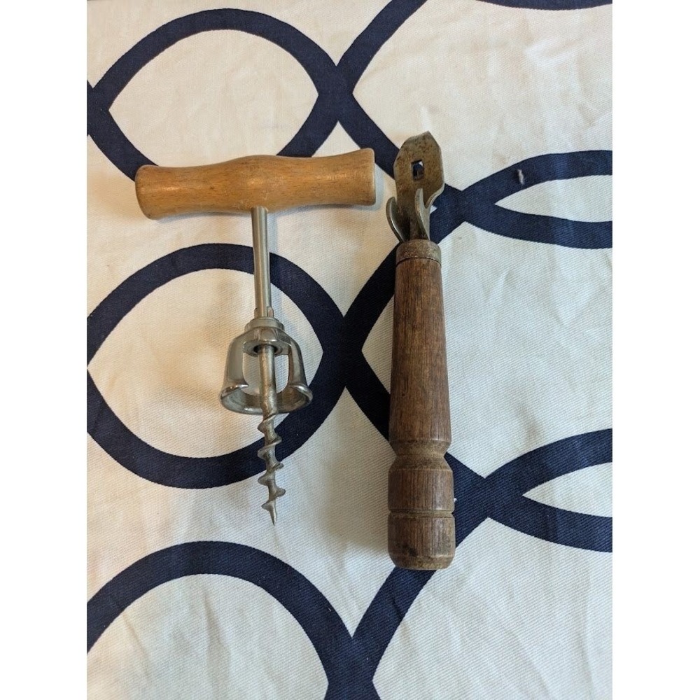 Vintage Wood Handle Corkscrew Italy and Bottle Opener Set Rustic Barware Tools